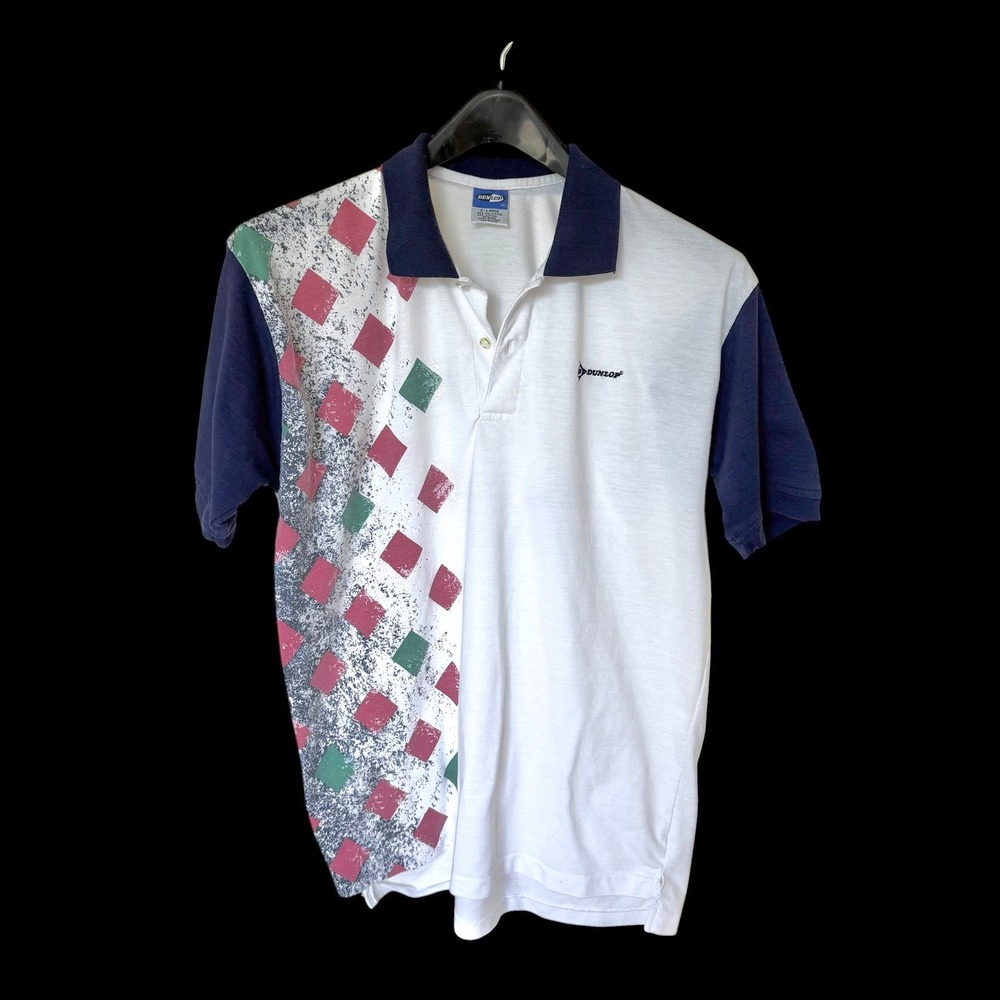 Vintage 70's Dunlop Polo Shirt XL White Navy Blue Geometric‎ Diamond Retro